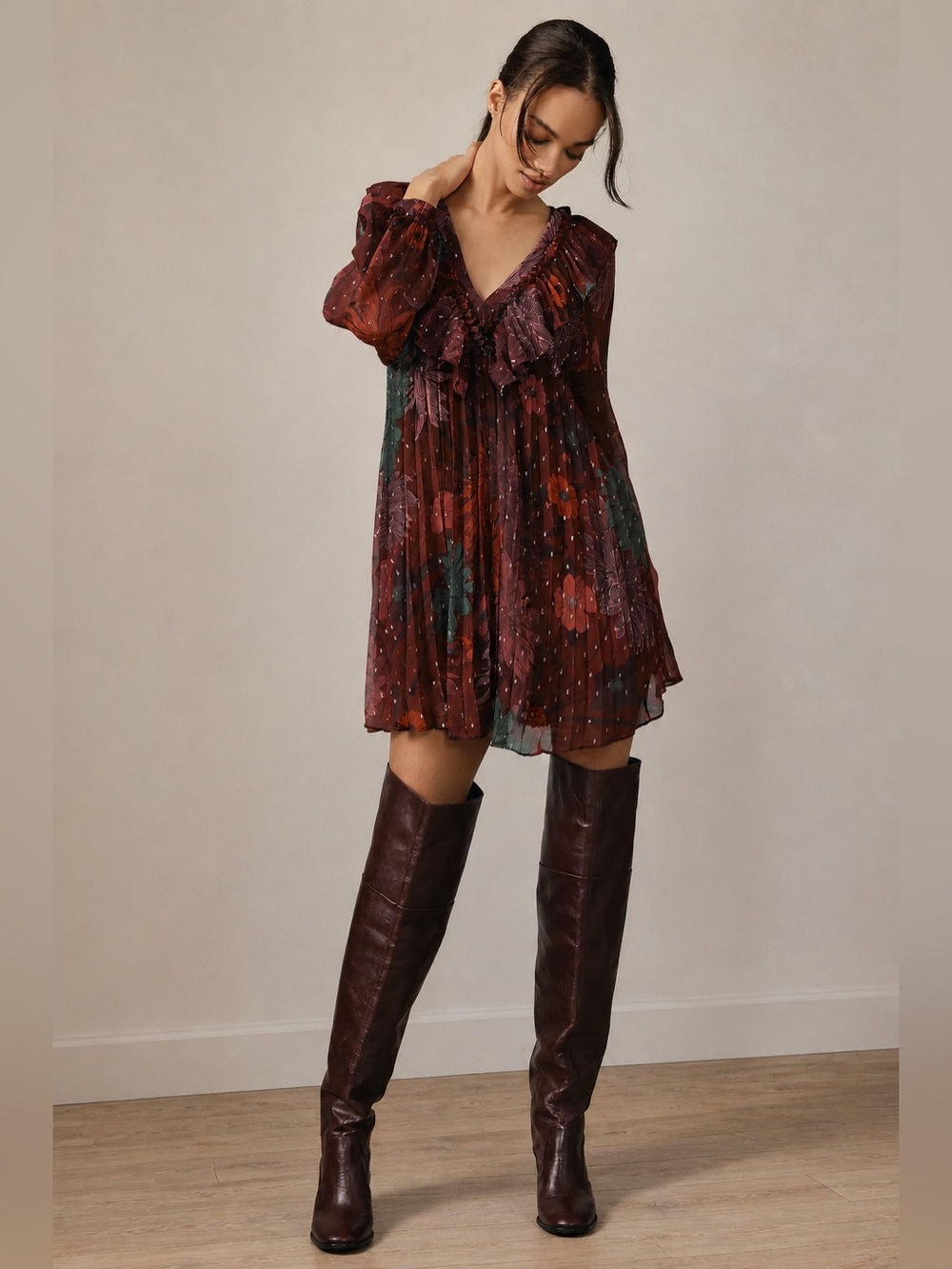 Anthropologie Floral Long Sleeve Mini Dress